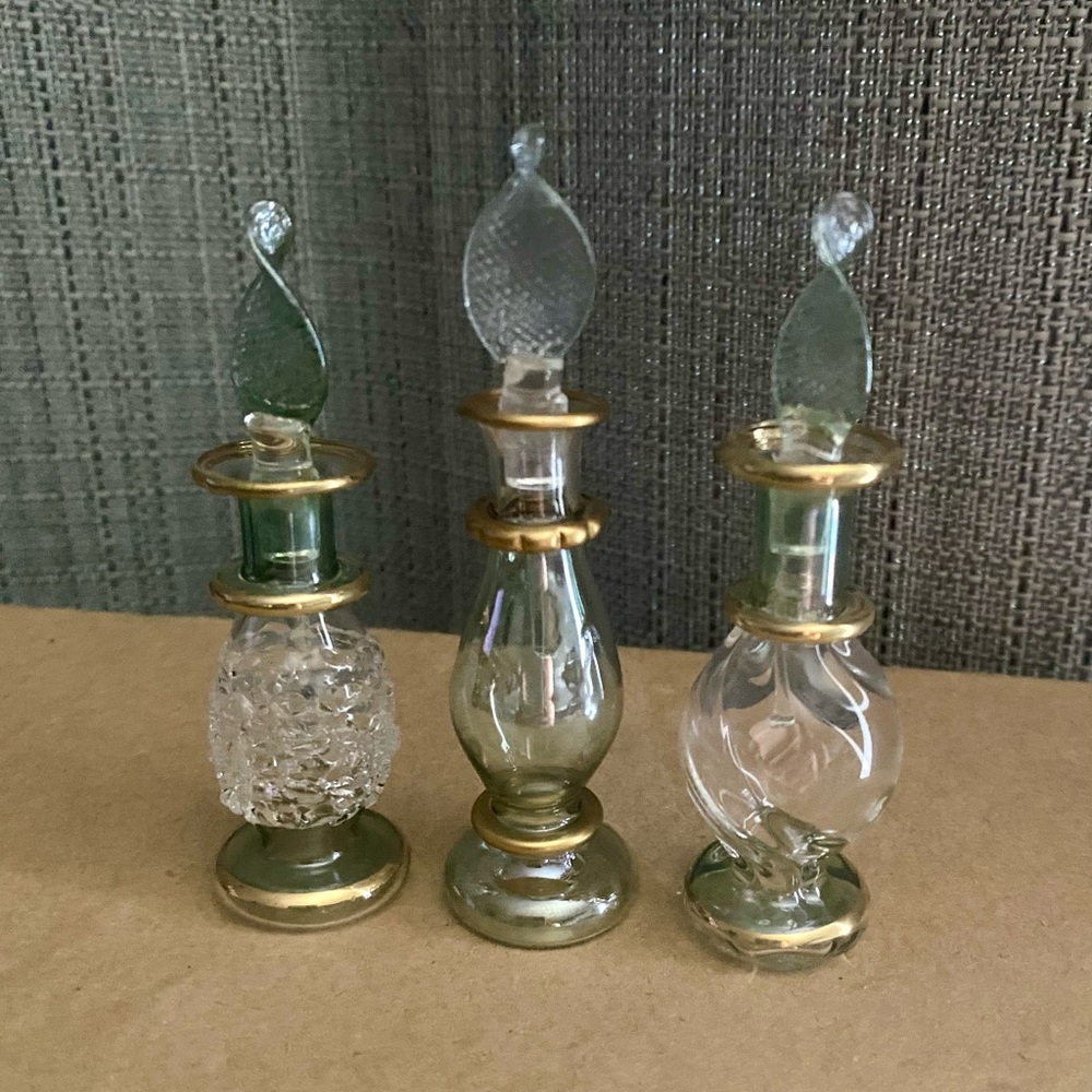 Three Egyptian Hand Blown Green Perfume Bottles with Dabber